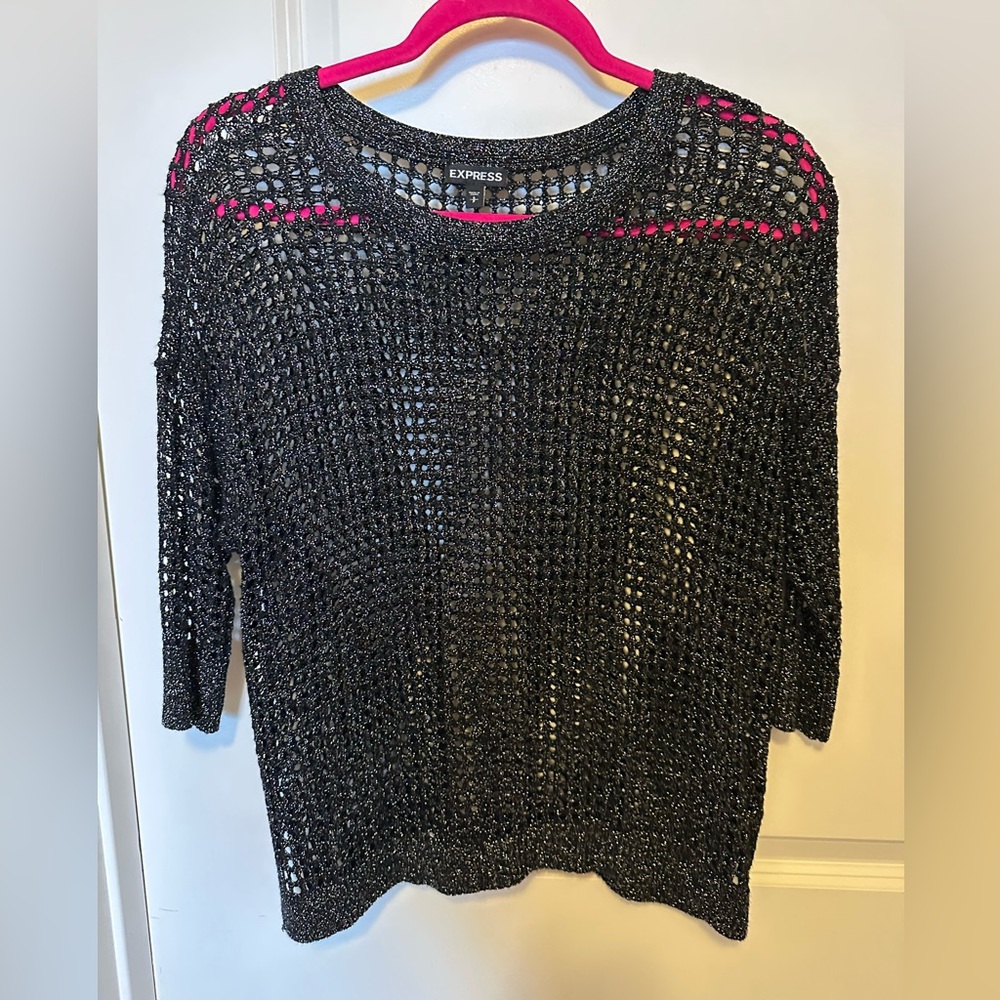 Express Black & metallic Open-Knit mesh dolman Sweater. Small